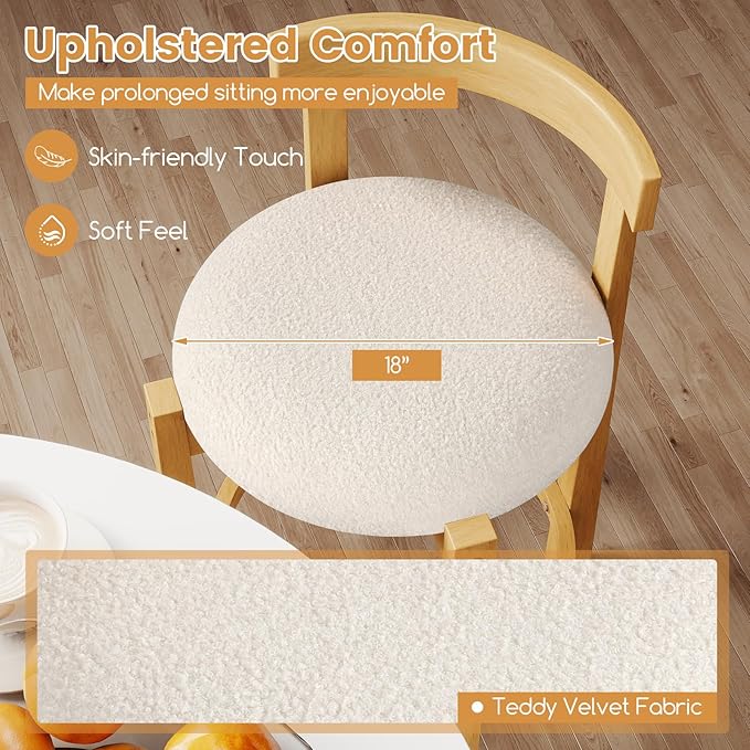 COSTWAY 24'' Counter Height Bar Stools Set of 4, Teddy Velvet Upholstered Bar Chairs with Backrests and Footrests, Wood High Barstools for Kitchen Island and Dining Room (Natural)