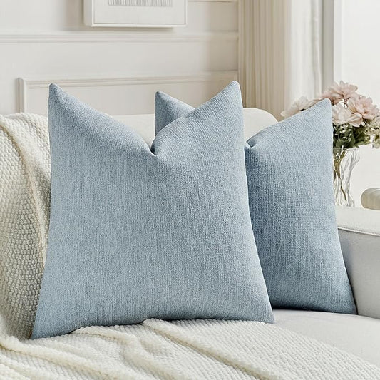 FUTEI Denim Blue Chenille Decorative Throw Pillow Covers 18x18 Inch Set of 2,Soft Cozy Faux Linen Textured Cushion Case,Farmhouse Home Decor for Couch Living Room