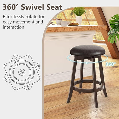 COSTWAY 24-Inch Swivel Bar Stools Set of 2, Upholstered Barstools w/PU Leather Seat & Solid Rubber Wood Legs, Mid-Century Backless Round Counter Height Stools w/Footrest for Kitchen Home Bar