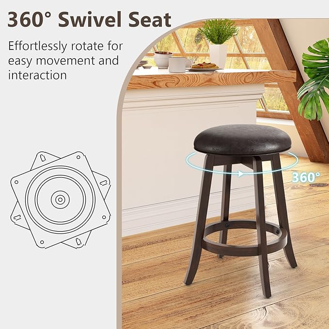 COSTWAY 24-Inch Swivel Bar Stools Set of 4, Upholstered Barstools w/PU Leather Seat & Solid Rubber Wood Legs, Mid-Century Backless Round Counter Height Stools w/Footrest for Kitchen Home Bar
