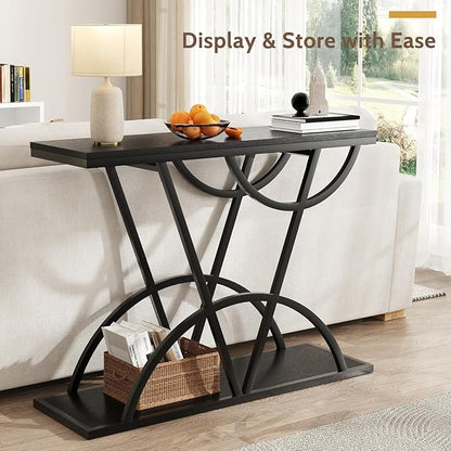 43" Console Table, Industrial Entryway Table with Storage Shelf, Narrow Wood Sofa Table with Metal Frame for Living Room, Hallway, Foyer, Entrance, Black