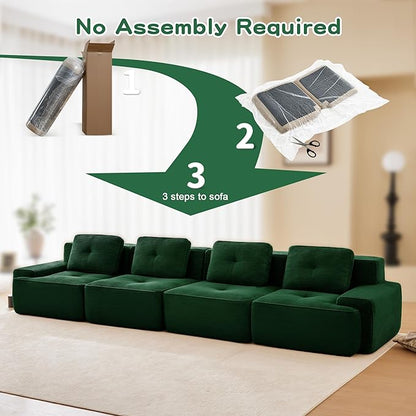 150.4” Green Boneless Couches for Living Room, Modular Sectional Sofa, 4 Seater Comfy Upholstered Deep Seat Corduroy Fabric Cloud Couch No Assembly, Anti-Slip Design