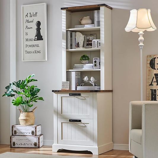 RedLemon Bookcase with 2 File Drawers, 72" Tall Farmhouse Bookshelf with Storage and Adjustable Shelves, 4 Tier Rustic Wood Bookshelf with Cabinet for Home Office, Living Room (Antique White)