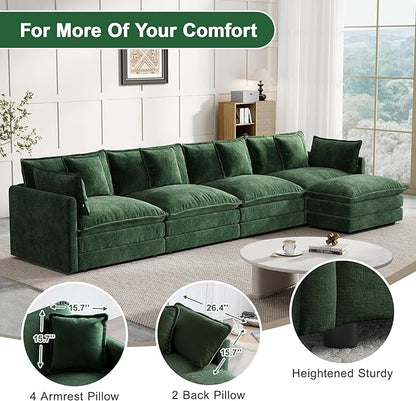 Modular Sectional Sofa, 146.5 Inch L-Shaped Cloud Sofa with Deep Seat Chenille Sofa with Cushions, Four Seater Sectional Sofa for Living Room Apartment,Evergreen
