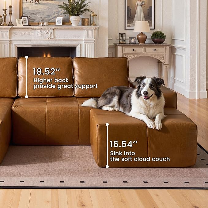 114" Cloud Sectional Couch with L-Shape Chaise & Ottoman, Modern Boneless Couches for Living Room, Fluffy Tufted Deep Seat Modular Sofa No Assembly (Faux Leather,Brown,Left Facing)