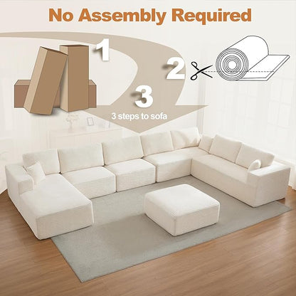 Modular Sectional Cloud Couch for Living Room,Modern Boneless Couche Set with Plush Corduroy,Comfy Floor Sofa with Memory Foam,Stupendous U Shaped Sofa with Ottoman,No Assembly Required,Beige
