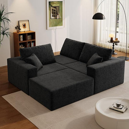 110" Boneless Cloud Sectional Couch for Living Room, Compressed Modular L-Shaped Sofa with Deep Seat, Frameless Corduroy Couch in Boxes, No Assembly Required 3-Seater (Left-Facing Chaise, Black)