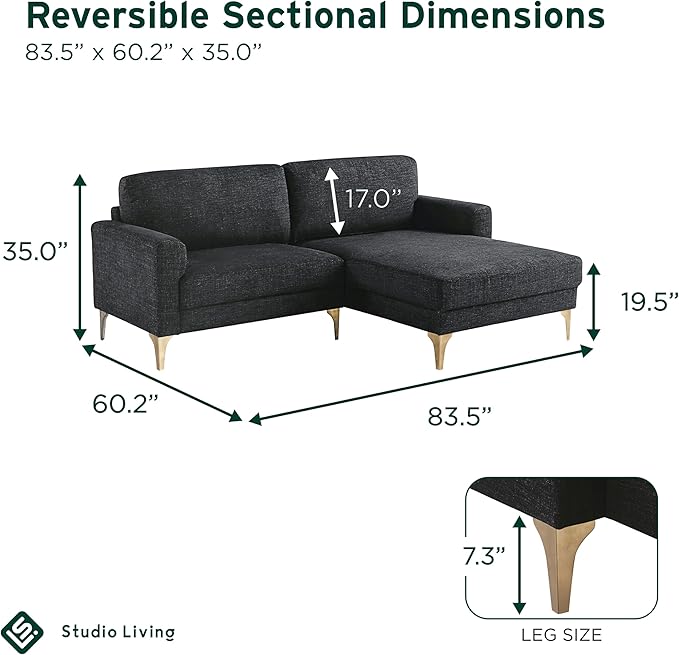 Studio Living® Matthew 83.5" Sofa Chaise, Mid-Century Modern, Pocket Coil Comfort, Reversable Chaise, Metal Brushed Bronze Legs, Chenille Fabric, Black