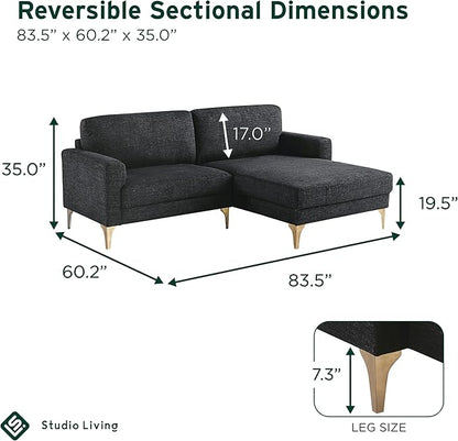 Studio Living® Matthew 83.5" Sofa Chaise, Mid-Century Modern, Pocket Coil Comfort, Reversable Chaise, Metal Brushed Bronze Legs, Chenille Fabric, Black