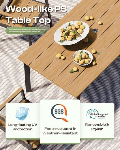 67" Rectangle HDPS Patio Dining Table, Aluminum Outdoor Patio Dining Table with Umbrella Hole, Weather-Resistant for Lawn, Garden, Yard, Poolside and Indoor Use, Gray & Teak