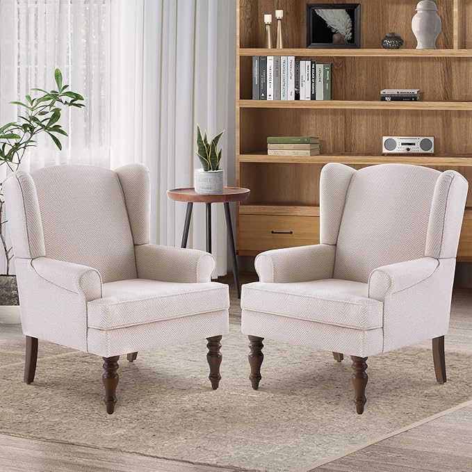 HUIMO Living Room Chair Upholstered High Back Armchair Retro Printed Wingback Chair in Linen for Bedroom & Study Comfy Accent Sofa Chair Reading Chair Holds 300lbs (Navy Blue) (2, Tan SJW-2PCS)