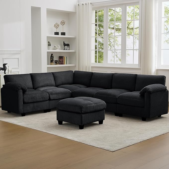 114'' V-Shaped Sectional Cloud Couch with Ottoman, 7-Seater Modular Couches for Living Room, Corduroy Oversized Deep Seat Sofa with Center Stitched, Black