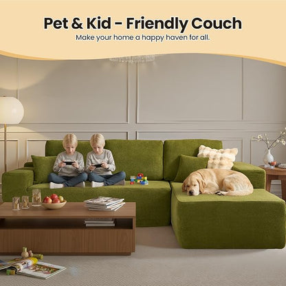 104" Cloud Sectional Couch with Chaise, Boneless L-Shaped Cloud Couch with Deep Seat, Modern Minimalist Sofa, Assembly Free Comfy Sofa for Office Living Room Study Room Apartment(Green, Right Chaise)