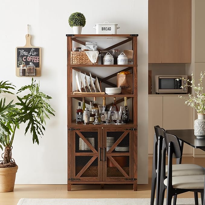 5 Tier Bookshelf 70" Tall Bookcase with Barn Doors,Large Farmhouse Display Book Shelf with Adjustable Shelves and Storage Cabinet,Wood Bookshelves for Living Room,Kitchen,Brown(2PCS)