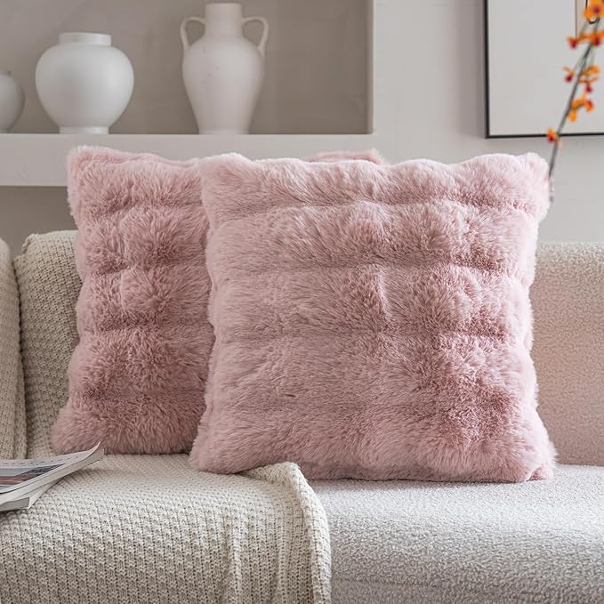Neelvin Pink Faux Fur Cozy Soft Double-Sided Decorative Throw Pillow Covers 20x20 inch Set of 2,Velvet Pillowcase Cushion Case for Sofa Couch