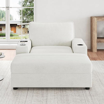 Christopher Knight Home Zoe Oversized Chaise Lounge Chair Indoor with Cup Holders & USB Charging Port, Corduroy Upholstered Sofa Bed + Ottoman with Storage, Comfy Deep Seat Sleeper Sofa Chair, Beige