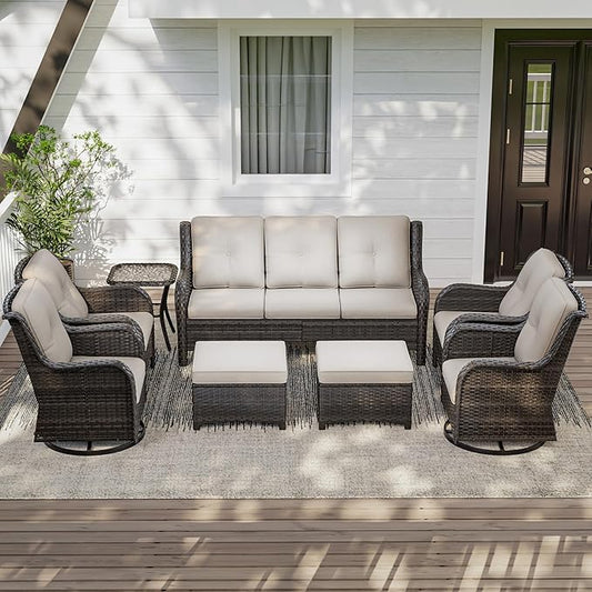 Wicker Patio Furniture Set 8-PCS with A 3-Seat Sofa, 2 Swivel Rocking Chairs, 2 Armchairs, 2 Ottomans and 1 Side Table Patio Conversation Set, Beige