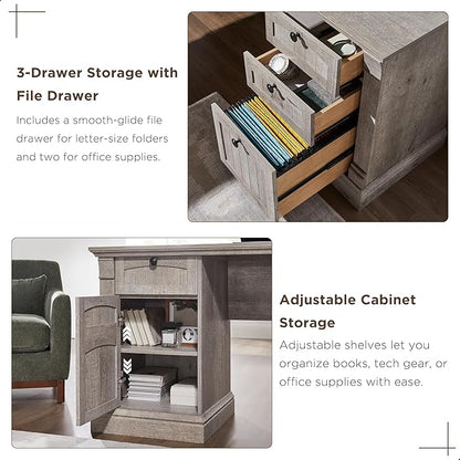 OKD 60" L Shaped Executive Desk with Hutch and Drawers, Farmhouse Home Office Desk with Charging Station, File Cabinet Storage, Wood Corner Computer Desk for Work and Study, Light Rustic Oak