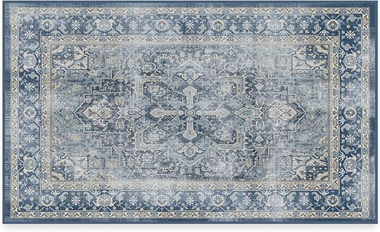 RUGGABLE Washable Area Rug – Kamran Admiral Blue 3x5, Stain-Resistant, Non-Slip – Small Machine Washable Rugs for Living Room, Bedroom, Hallway, Entryway & Office–with Standard Pad