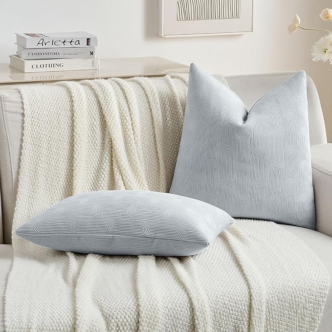 FUTEI Light Blue Chenille Decorative Throw Pillow Covers 16x16 Inch Set of 2,Soft Cozy Striped Geometric Patterns Cushion Cases,Modern Home Decor for Couch Bed Living Room