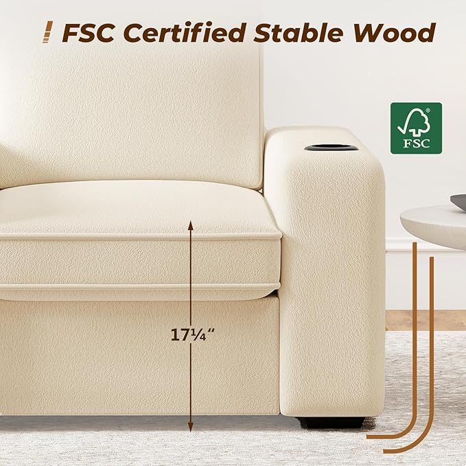 Furnimart 4-Seater Sectional Sofa and Couch Set Teddy Fabric, Loveseat & 2PC Chairs with USB Charger and Cup Holder, Small Living Room Furniture Set for Apartment, Tiny Homes and Lofts, 3PC-Beige