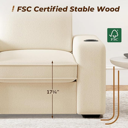 Furnimart 58" Wide Plush Loveseat, 2-Seater Sofa with Dual-Port USB Charger & Cup Holders, Terry Fabric, Modern Accent Couch for Small Spaces, Apartment, Living Room(Terry-Beige)