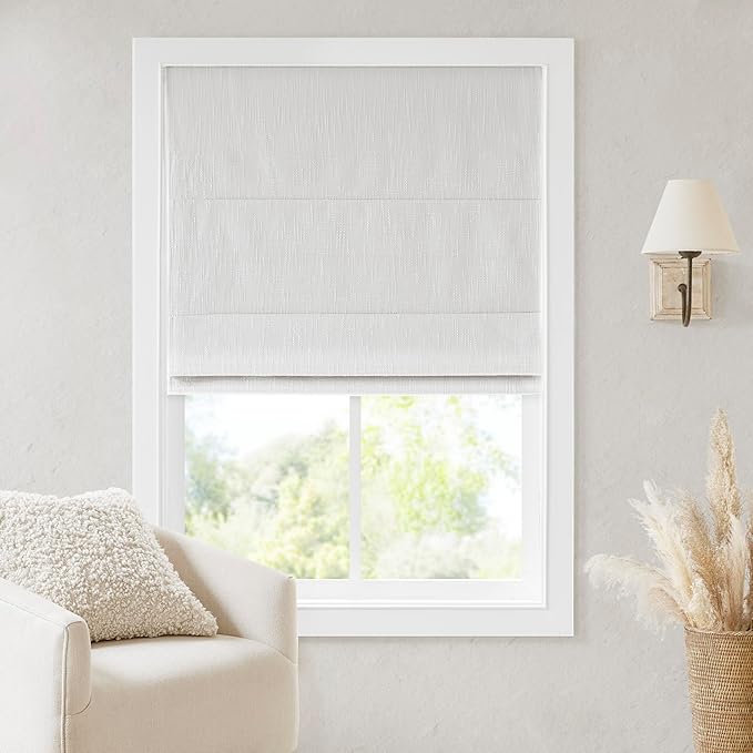 Madison Park Cordless Roman Shades, Total Blackout Window Blind Privacy Window Shades, Thermal Insulated Cordless Window Treatment for Bedroom, Living Room, Quincy, Single Panel 34" W X 64" H White
