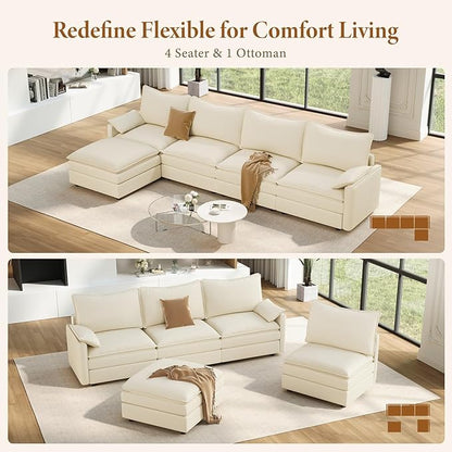 Vesgantti 142" Cloud Couch Sectional Modular Sofa, Comfy Sectional Couch with Ottoman Deep Seat Chenille L Shaped Sofa, Modular Couches for Living Room, Bedroom and Apartment, Beige