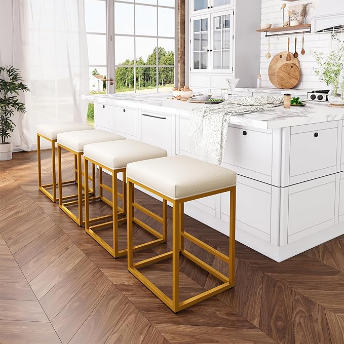 ALPHA HOME 24 Inch Counter Height Bar Stools Set of 3, Upholstered Bar Stools for Kitchen Island, Counter Stools with Faux Leather Cushion and Sturdy Metal Frame, Modern Barstools, White and Gold