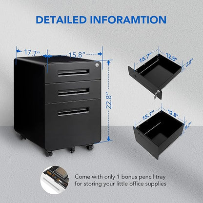 FLEXISPOT Metal File Cabinet for Home Office Mobile File Cabinet with Lock 3 Drawer Filing Cabinets for Legal/Letter/A4 File, Round Corner Design,Black