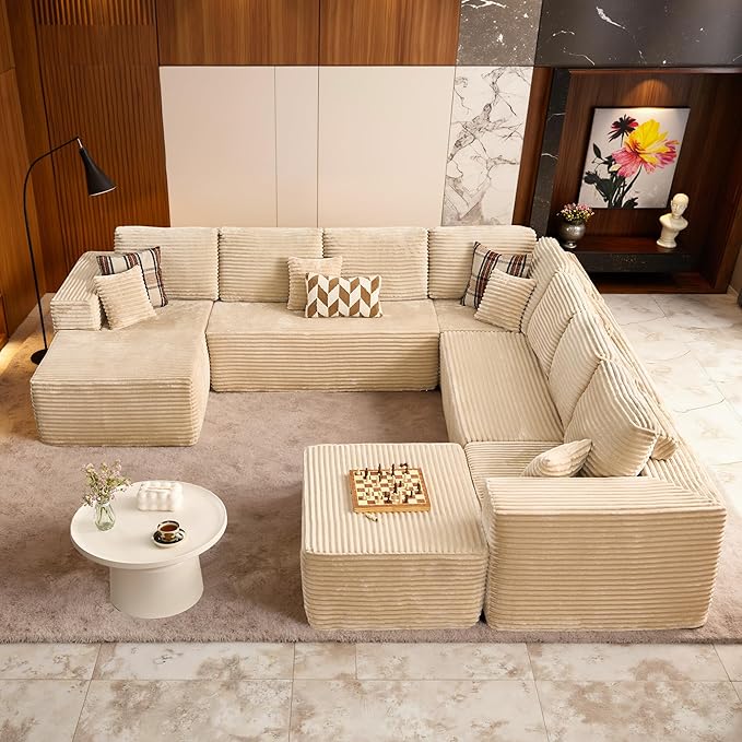 Cloud Sectional Couch with Chaise, Boneless U-Shaped Cloud Couch with Deep Seat, Soft Plush Modern Minimalist Sofa, Assembly Free Modular Floor Sofa for Office Living Room Apartment, Beige