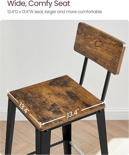 VASAGLE Set of 4 Bar Stools, Bar Height Stools, 29.1 Inches Tall Barstools with Back, Counter Bar Chairs for Kitchen Island, Steel Frame, Industrial Style, Easy Assembly, Rustic Brown and Ink Black