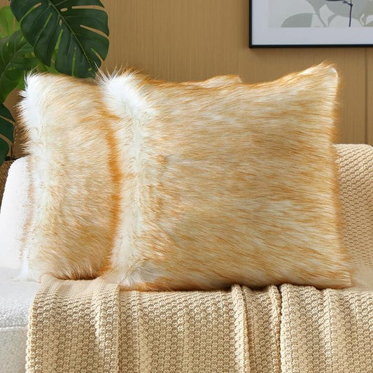 FUTEI Brown White Decorative Throw Pillow Covers 20x20 Inch Set of 2,Soft Fluffy Faux Fox Fur Textured Cushion Case,Modern Home Decor for Couch Living Room