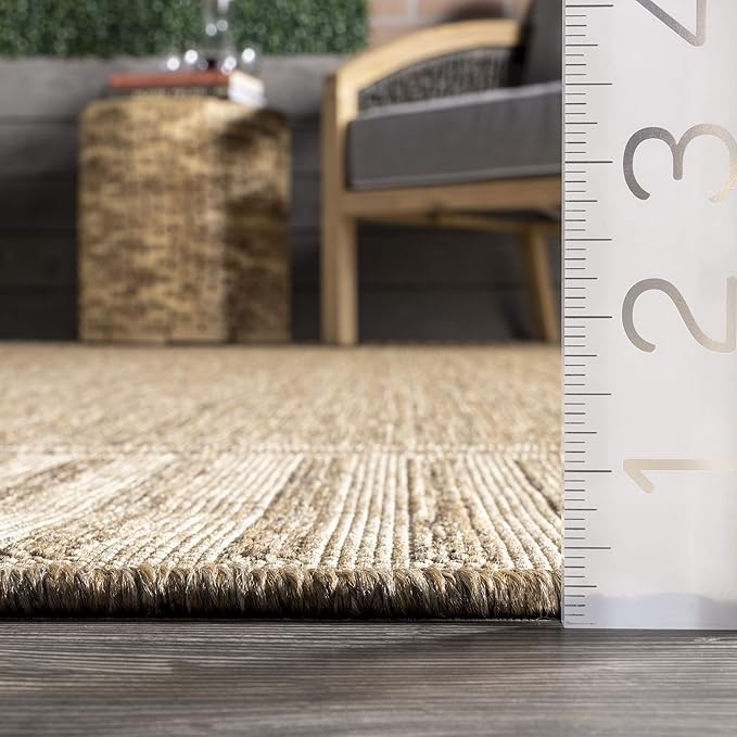 nuLOOM 6' 7" x 9' Outdoor Area Rug, Casual Design With Striped Border, Stain Resistant, Highly Durable, For Patio, Balcony, Bedroom, Living Room, Dining Room, Bathroom, Light Brown