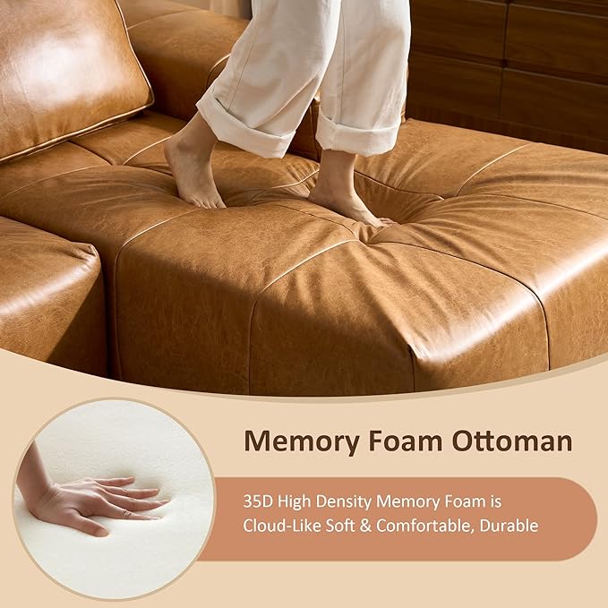 37.8" Faux Leather Ottoman for Couch, Memory Foam Cloud Boneless Sectional Couch for Living Room Foot Stools No Assembly Require (Faux Leather,Brown)