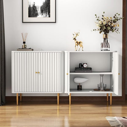 HLR Sideboard Buffet Cabinet with Fluted Texture, White Accent Cabinet with 2 Doors, Modern Credenza Storage for Kitchen Living Room, Entryway (White, 1Piece)