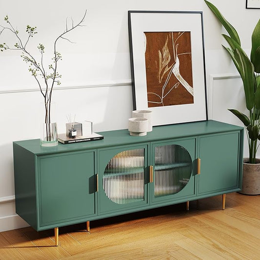 66" Modern TV Stand for TVs up to 75",TV Cabinet with Glass Door,Entertainment Center with Storage,Television Stands with Gold Legs,Media Console for Bedroom,Living Room,Green