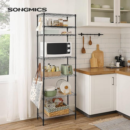 SONGMICS 7-Tier Storage Unit, Wire Shelving, Kitchen Metal Rack With Adjustable Shelves, Shelf Liners, 8 Hooks, for Garage, 13.4 x 23.2 x 70.9 Inches, Black ULGR067B01