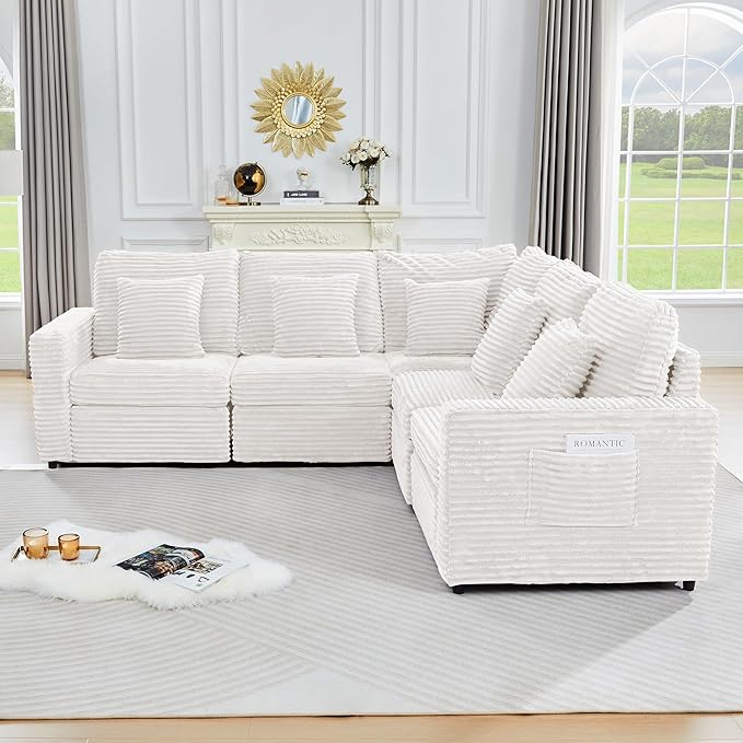 Oversized Corner Modular Sectional Sofa, L Shape Plush Corduroy Fluffy Sectional Couch with Pillows, 5 Seat Modular Sofa with Deep Seat for Living Room-White