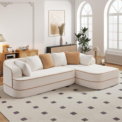 Cloud Sectional Sofa Modern Boneless Couch for Living Room, Comfy Deep Seat Comfy Teddy Fabric Double Sofa Chaise No Assembly Required (White, 106" L Shape with Right Facing)