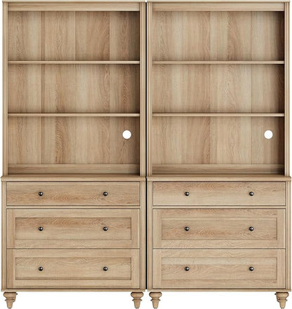 WAMPAT 3 Tier Bookshelf with 3 Drawers, 72" Tall Bookcase Large Farmhouse Display Book Case Shelf with 3-Tier Open Book Shelfs，Library Wood Bookshelves for Living Room,Kitchen, Oak(2PCS)