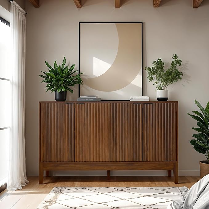 Best Choice Products 55" Modern 4-Door Sideboard Storage Cabinet, Buffet, Media Cabinet, Cupboard, Entryway Accent Table, Bookcase w/Reed Panels and Adjustable Shelves – Walnut