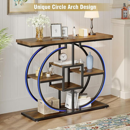 GiftGo Narrow Console Table for Entryway Industrial 4-Tier Sofa Table Behind Couch with Circle Base Rustic Wooden Accent Tables with Storage Shelves for Living Room, Hallway, Foyer (Brown)