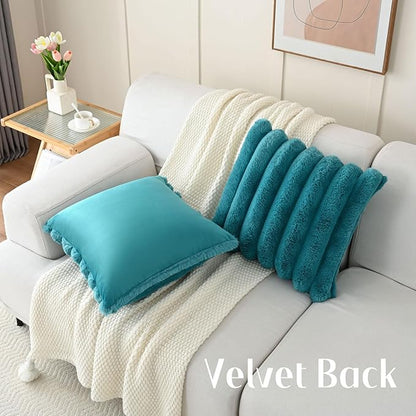FUTEI Teal Decorative Throw Pillow Covers 18x18 Inch Set of 2, Square Soft Faux Rabbit Fur Thick Striped Cushion Cover,Winter Home Decor for Couch Bed Living Room