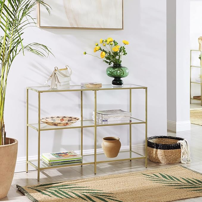 VASAGLE 39.4 Inch Console Table with 3 Shelves, Sofa Tables, Modern Entryway Table, Metal Frame, Tempered Glass Shelf, Entryway Living Room Bedroom, Metallic Gold and Transparent ULGT27G