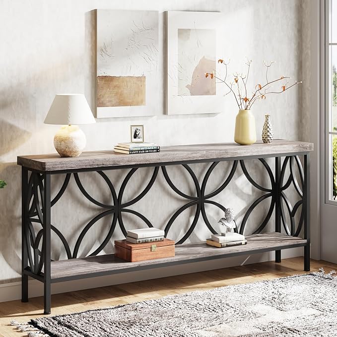 LITTLE TREE Sofa Table, 70.9 Inch Industrial Behind Couch Table with Storage Shelves, Narrow Long Console Table for Entryway, Living Room, Foyer, Hallway, Office