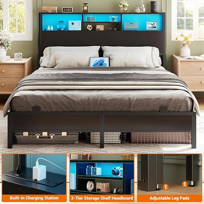 Aheaplus Headboard for Queen Size Bed with Storage, Headboards with Outlets, USB Ports and LED Light, Queen Size Head Board Only, Height Adjustable, Reversible, Sturdy and Stable Headboard, Black