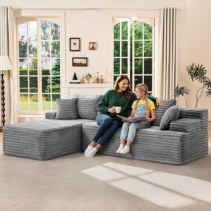 Hobestluk Modular Sectional Couch Sofa,96" Boneless Couches for Living Room, Memory Foam Sectional Couch with Oversized Chaise,L-Shape Couches (Grey, Left Facing)