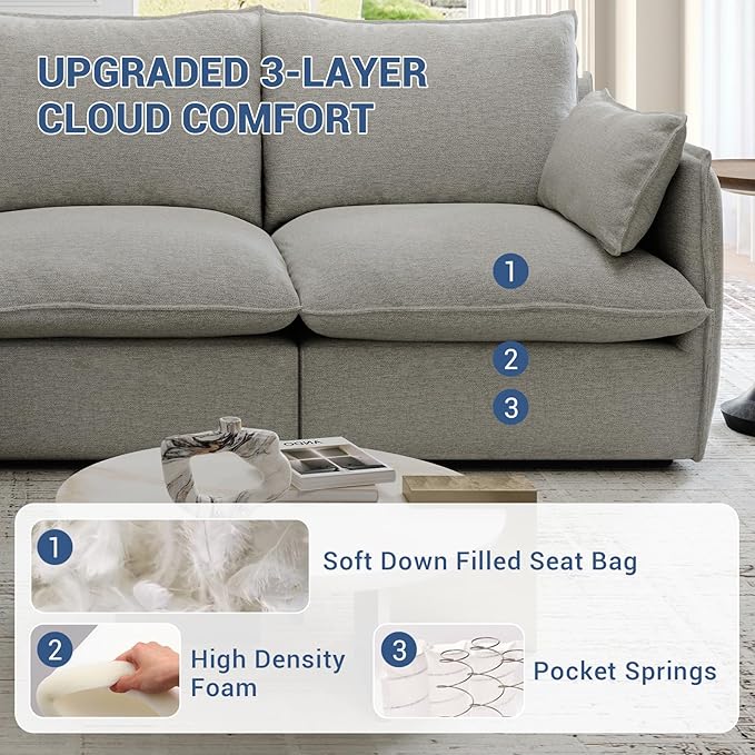 Cloud Modular Sectional Sofa, Waterproof Down Filled Sectional Sofa, High Backrest Loveseat Sectional Couches for Living Room, Modern Modular Couch with Removable Cover, Light Gray