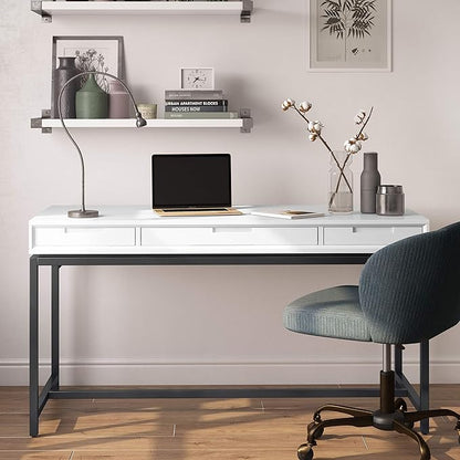 SIMPLIHOME Banting Desk - 60-Inch Wide Solid Hardwood and Metal Writing Desk in White, Modern Industrial Home Office Computer Table for Study with 2 Drawers and Flip-Down Keyboard Tray